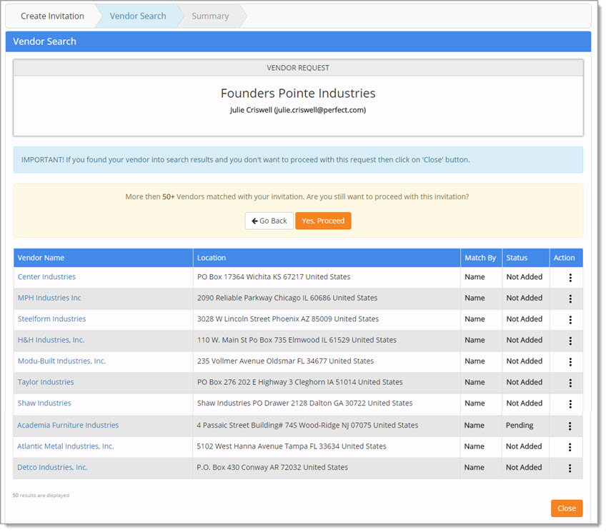 Invitation Vendor Search Results